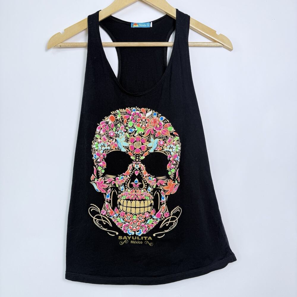 Sugar Skull Tank Top Womens Size L Black‎ Racerback Day of the Dead Sayulita Mex